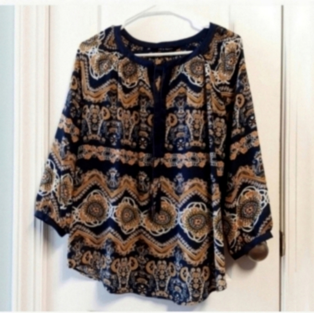 Zac & Rachel Boho Blouse Women's M Blue Orange Tan Floral Front Tie Tassel EUC